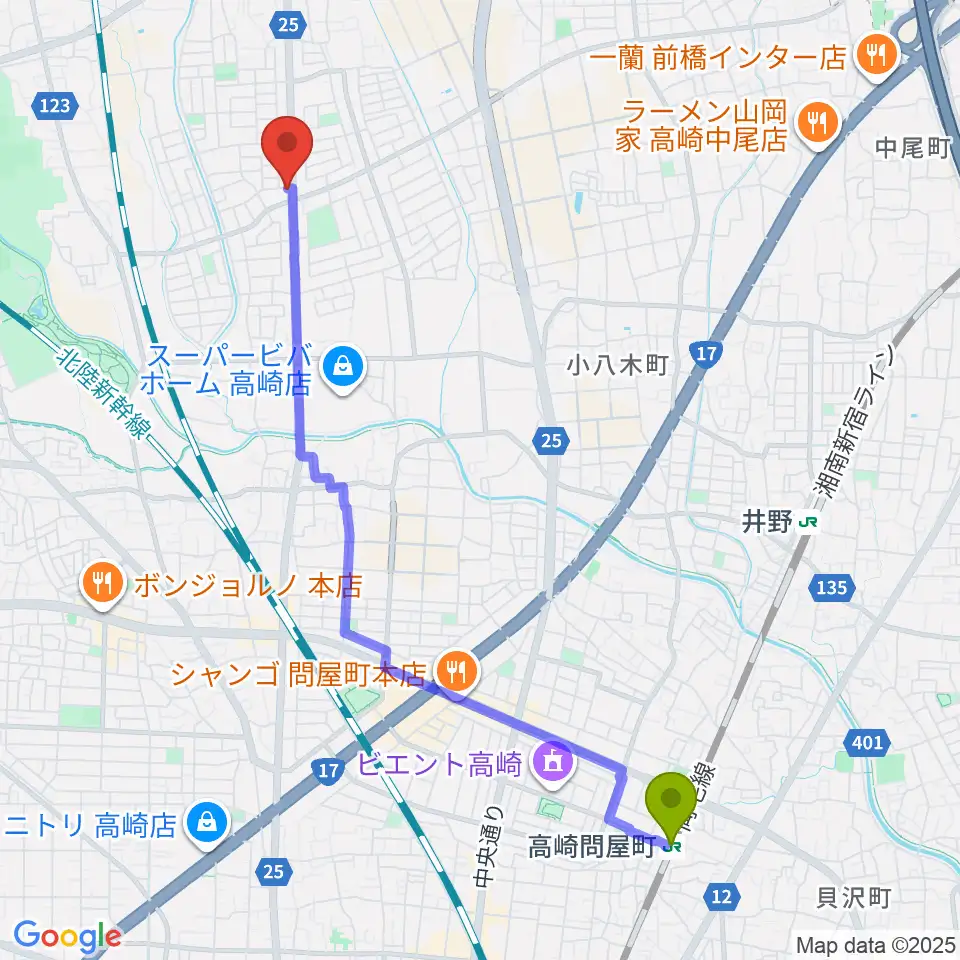 高崎問屋町駅からオカダ楽器へのルートマップ地図