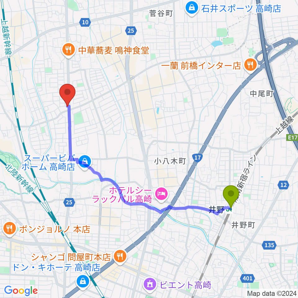 オカダ楽器の最寄駅井野駅からの徒歩ルート（約40分）地図