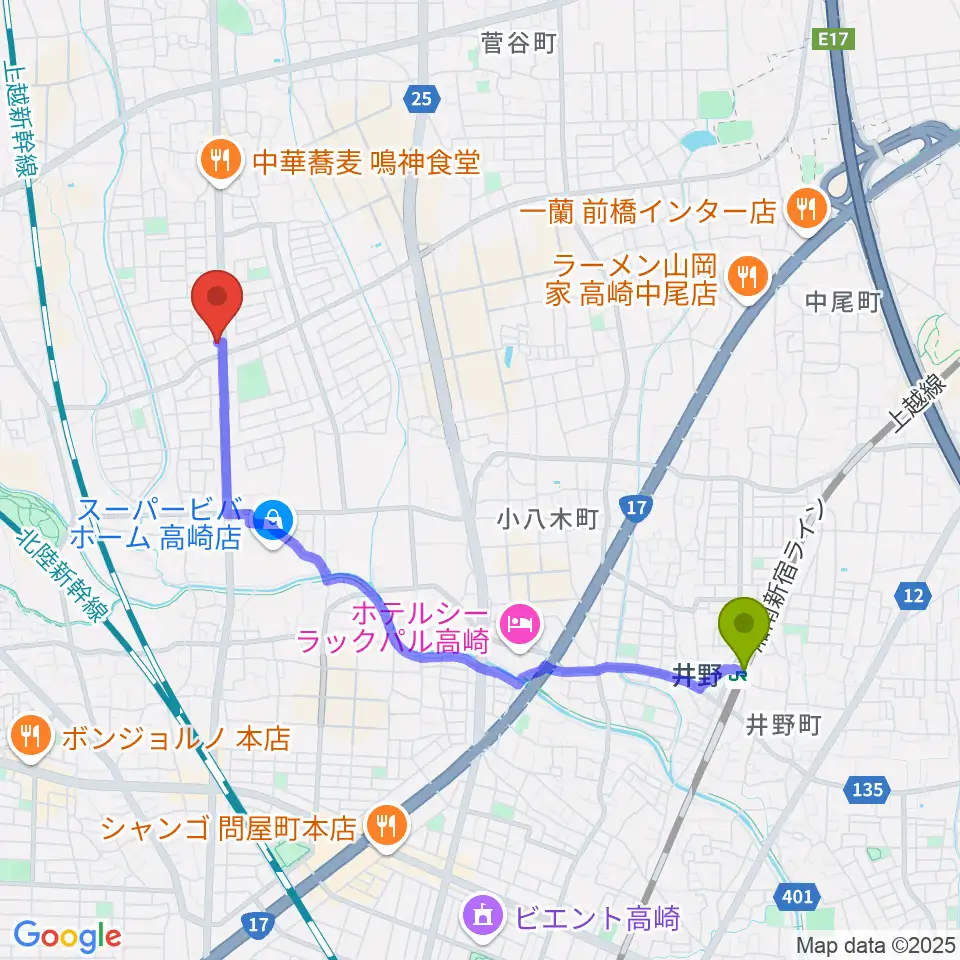 オカダ楽器の最寄駅井野駅からの徒歩ルート（約40分）地図