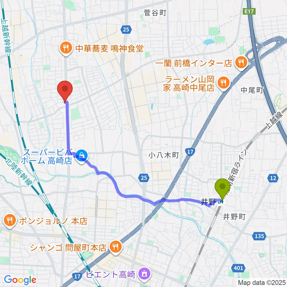 オカダ楽器の最寄駅井野駅からの徒歩ルート（約40分）地図