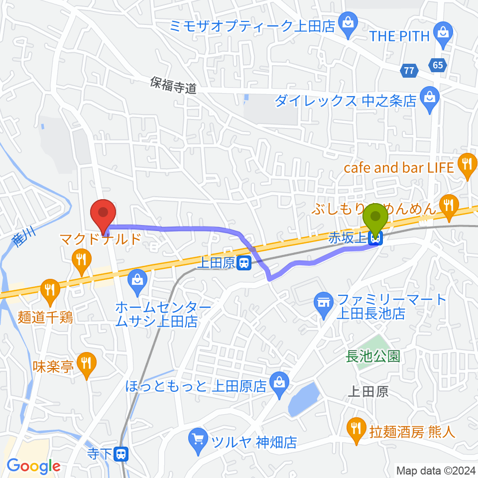 赤坂上駅から五味和楽器店 上田本店へのルートマップ地図