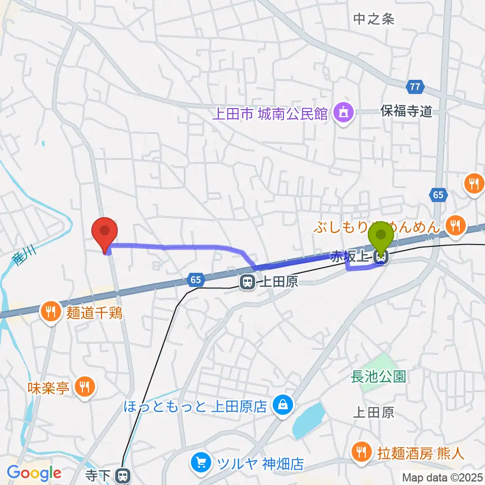 赤坂上駅から五味和楽器店 上田本店へのルートマップ地図