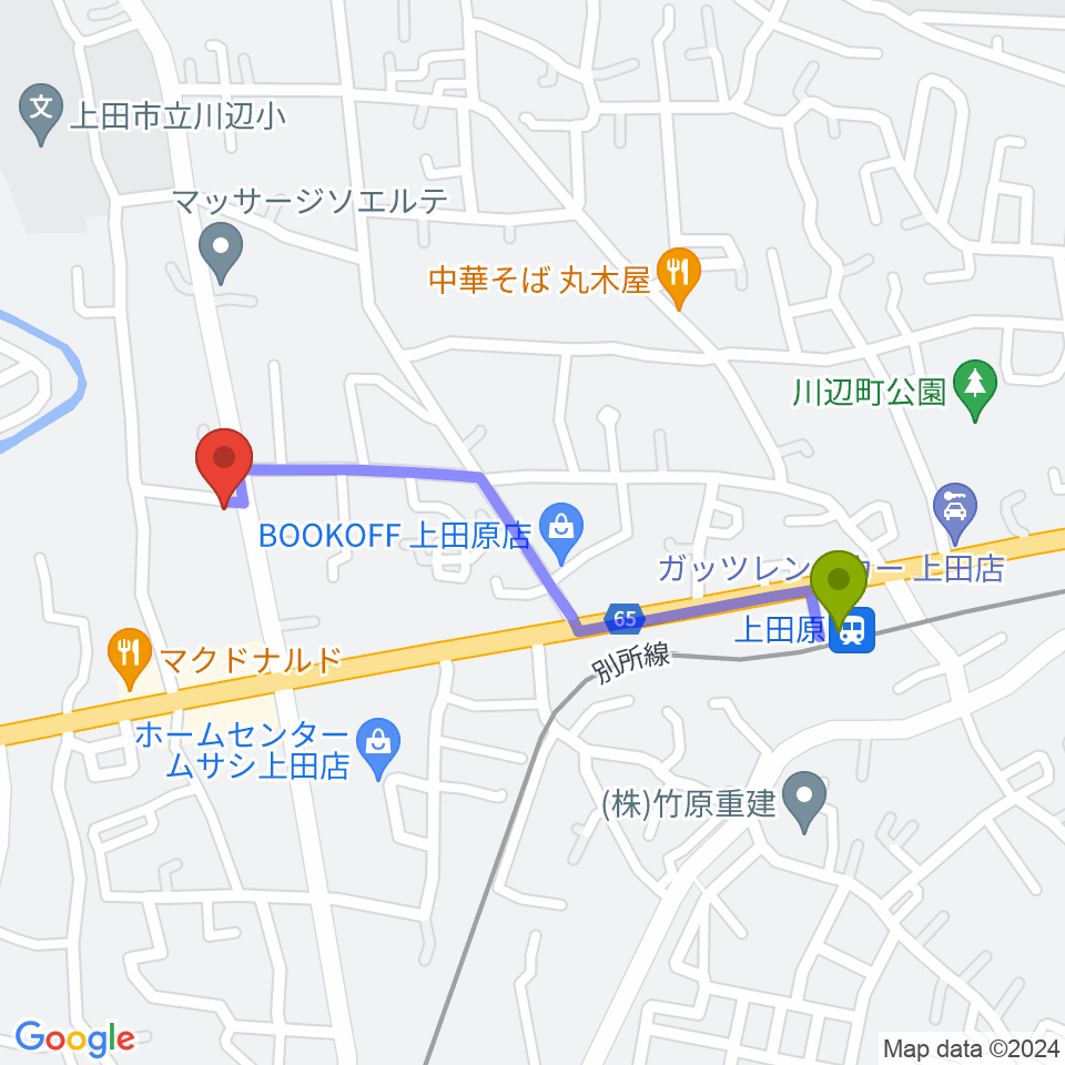 五味和楽器店 上田本店の最寄駅上田原駅からの徒歩ルート（約9分）地図