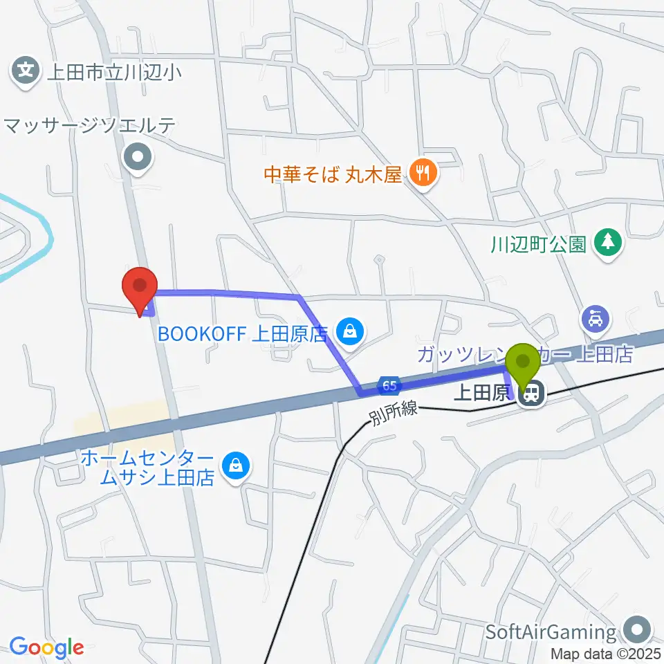 五味和楽器店 上田本店の最寄駅上田原駅からの徒歩ルート（約9分）地図