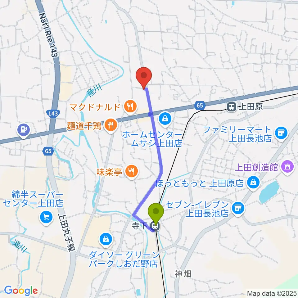 寺下駅から五味和楽器店 上田本店へのルートマップ地図