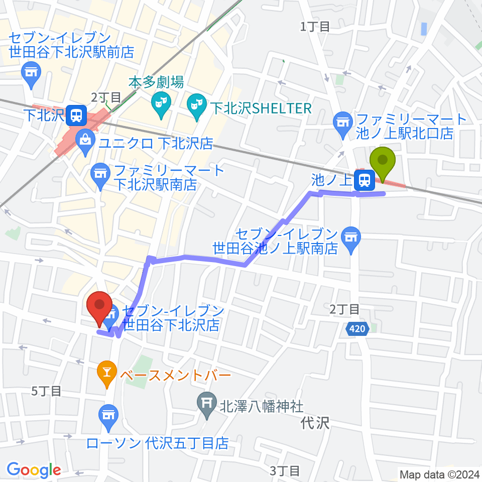 池ノ上駅から大津琴三絃へのルートマップ地図