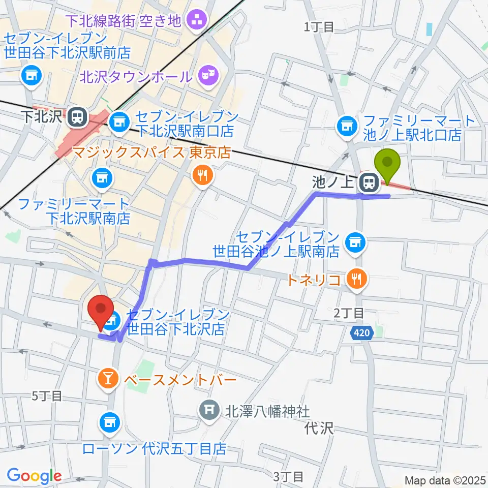 池ノ上駅から大津琴三絃へのルートマップ地図