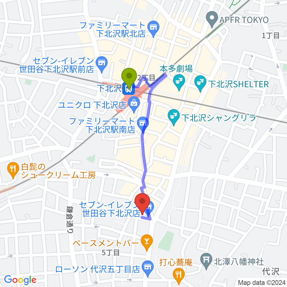 大津琴三絃の最寄駅下北沢駅からの徒歩ルート（約7分）地図