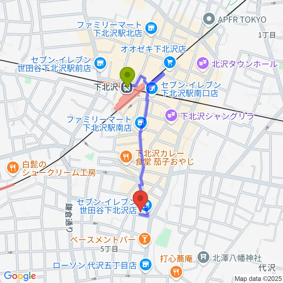 大津琴三絃の最寄駅下北沢駅からの徒歩ルート（約7分）地図