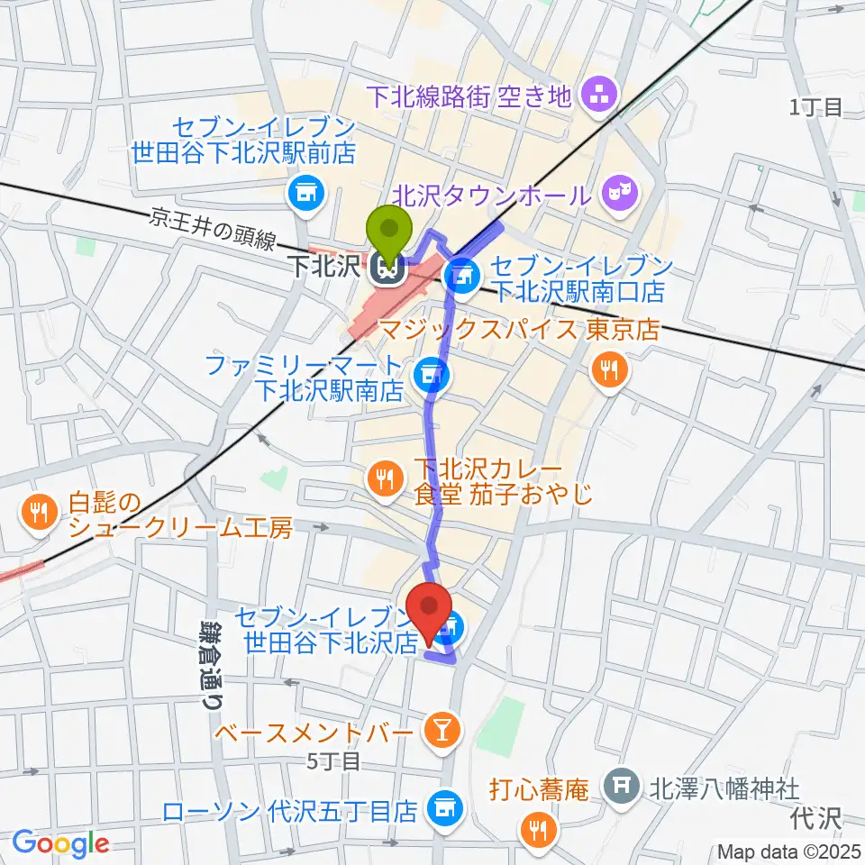 大津琴三絃の最寄駅下北沢駅からの徒歩ルート（約7分）地図