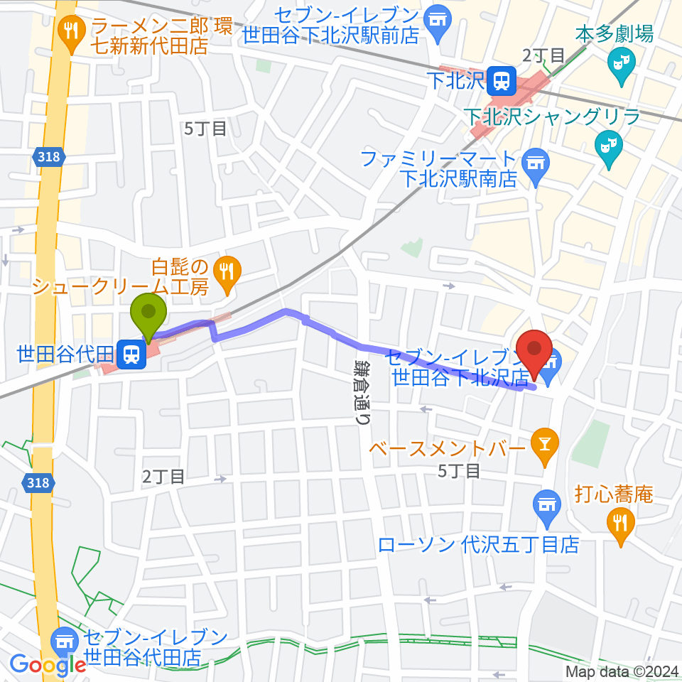 世田谷代田駅から大津琴三絃へのルートマップ地図