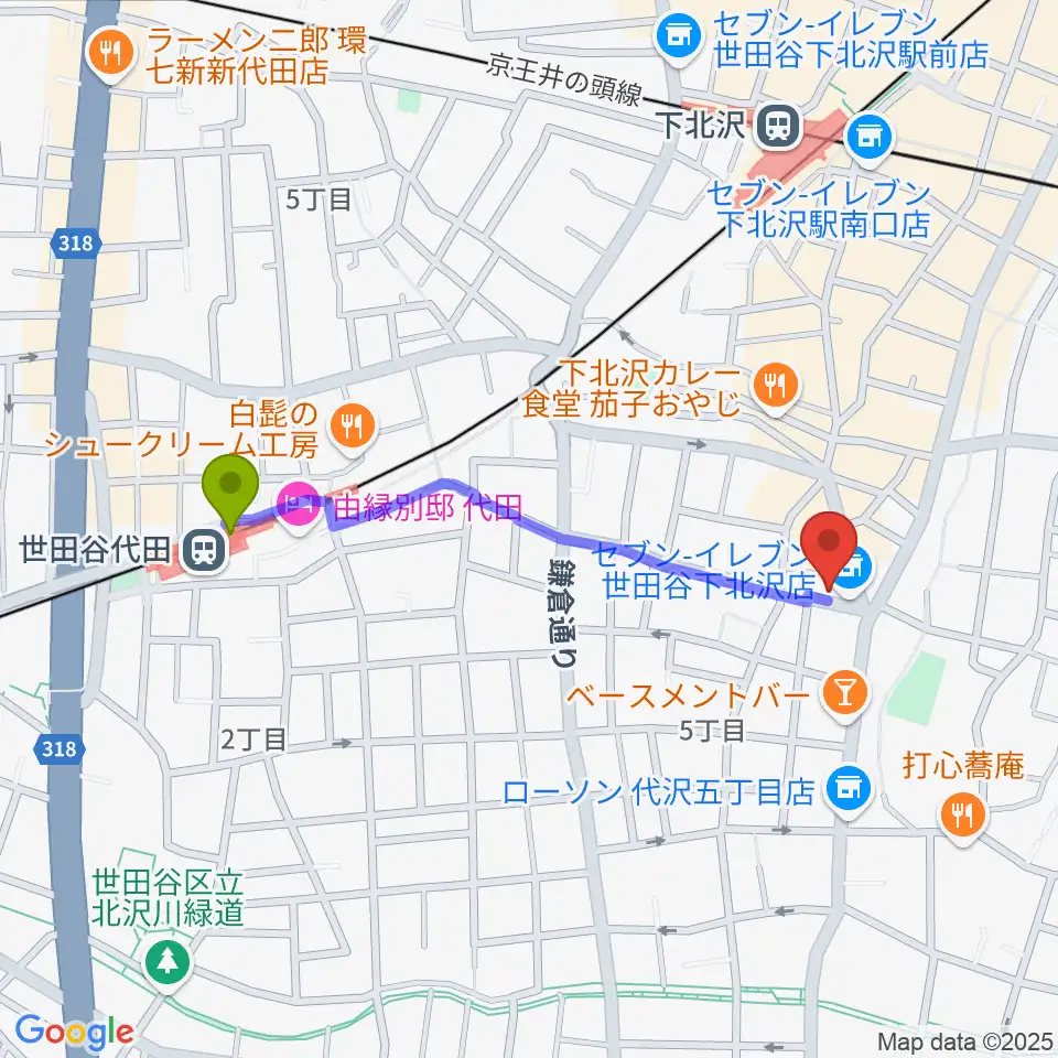世田谷代田駅から大津琴三絃へのルートマップ地図