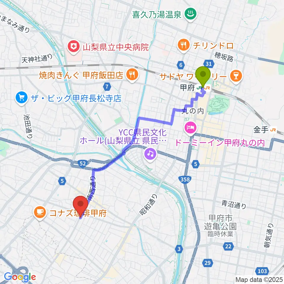 ふるや楽器店の最寄駅甲府駅からの徒歩ルート（約39分）地図