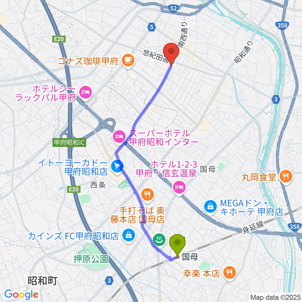 国母駅からふるや楽器店へのルートマップ地図