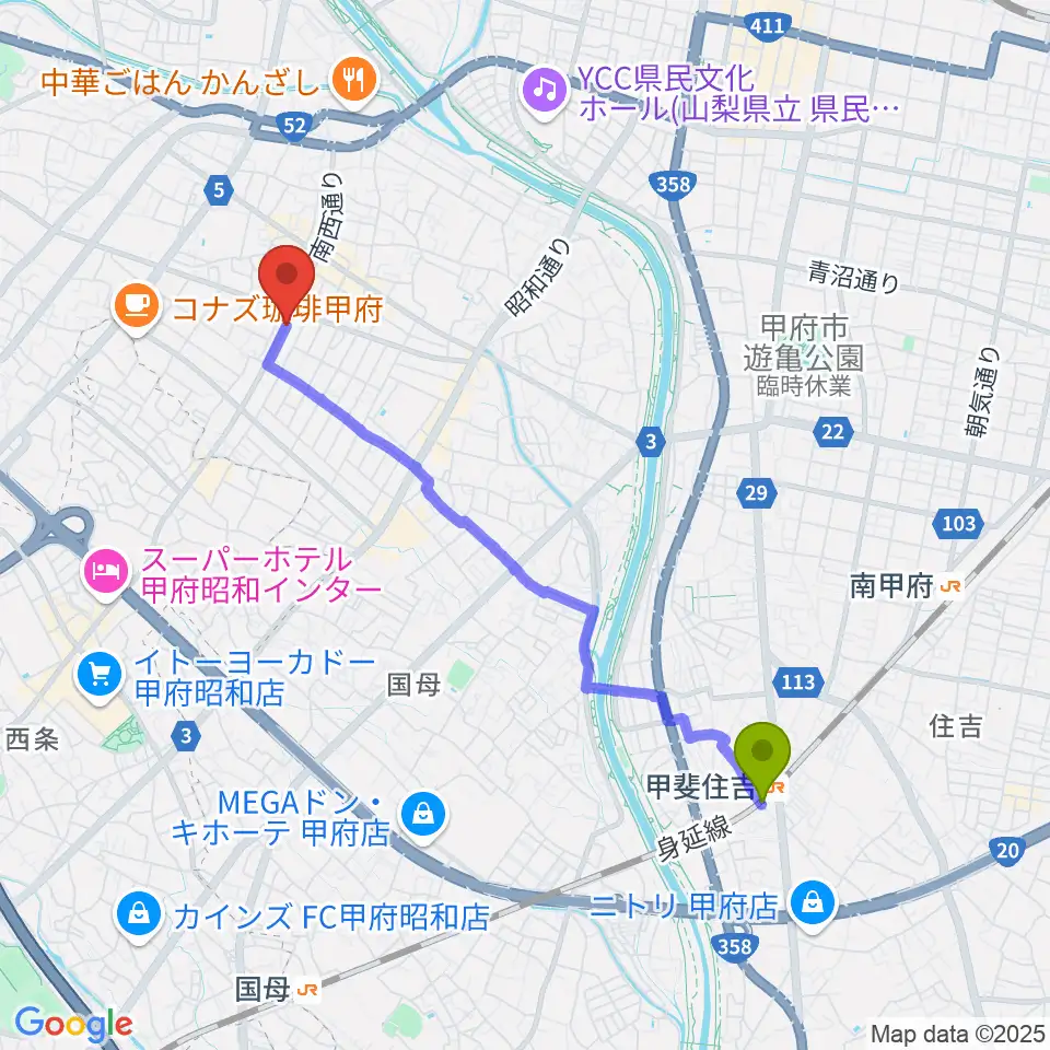 甲斐住吉駅からふるや楽器店へのルートマップ地図