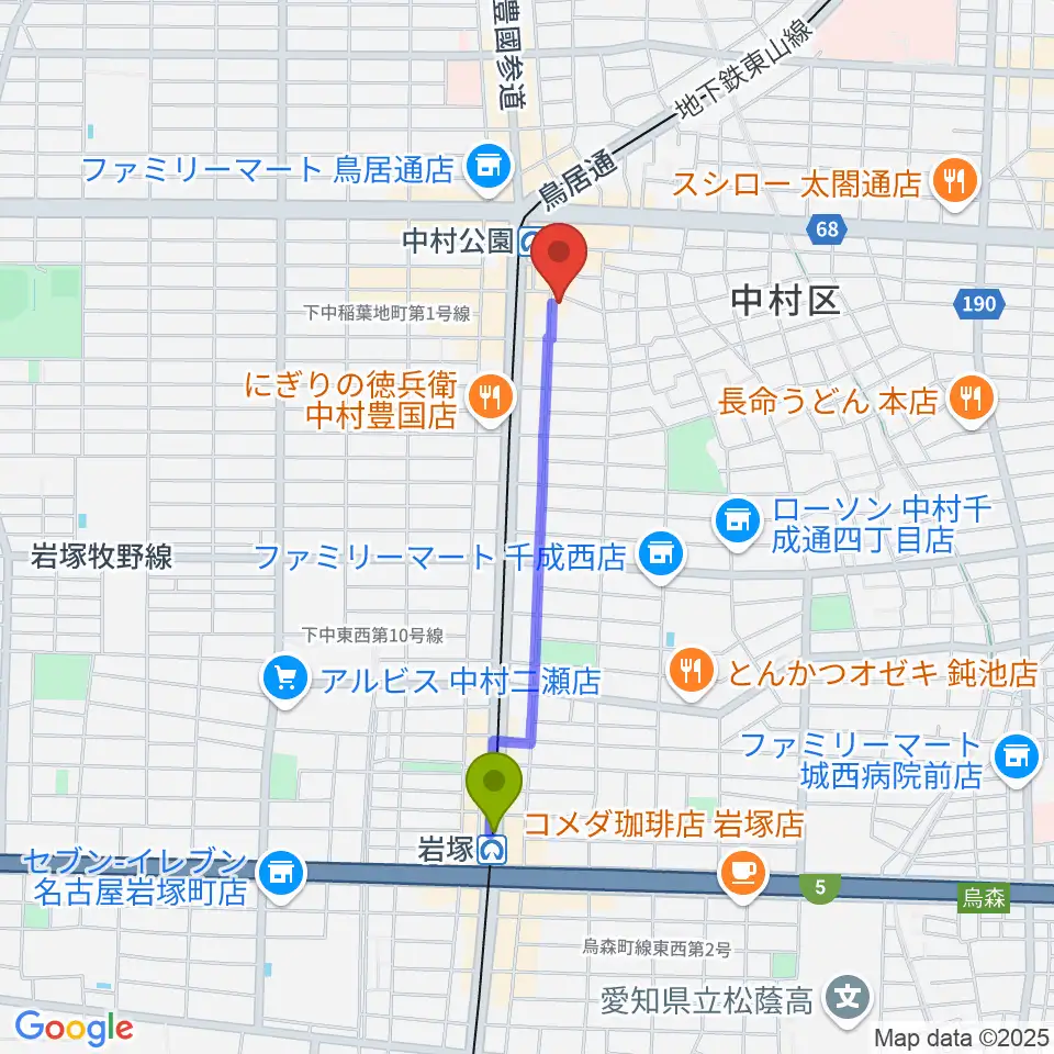 岩塚駅から音羽屋三味線店へのルートマップ地図