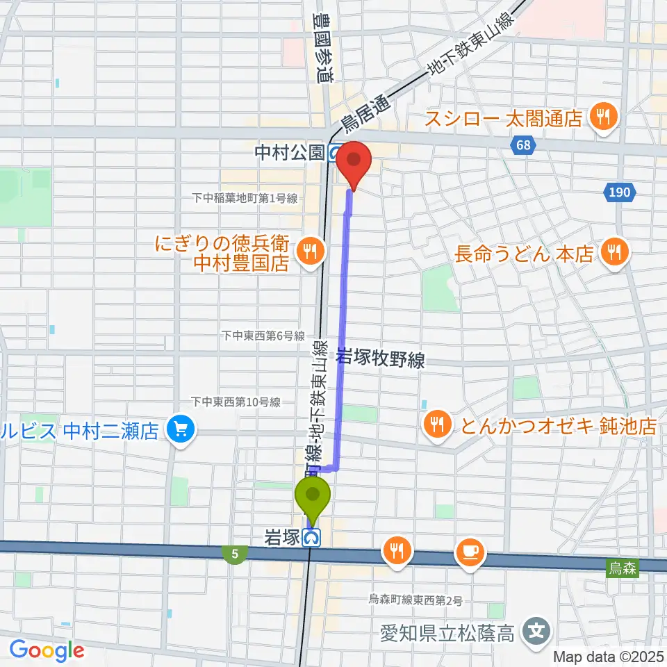 岩塚駅から音羽屋三味線店へのルートマップ地図