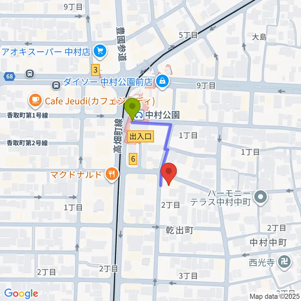 音羽屋三味線店の最寄駅中村公園駅からの徒歩ルート（約2分）地図