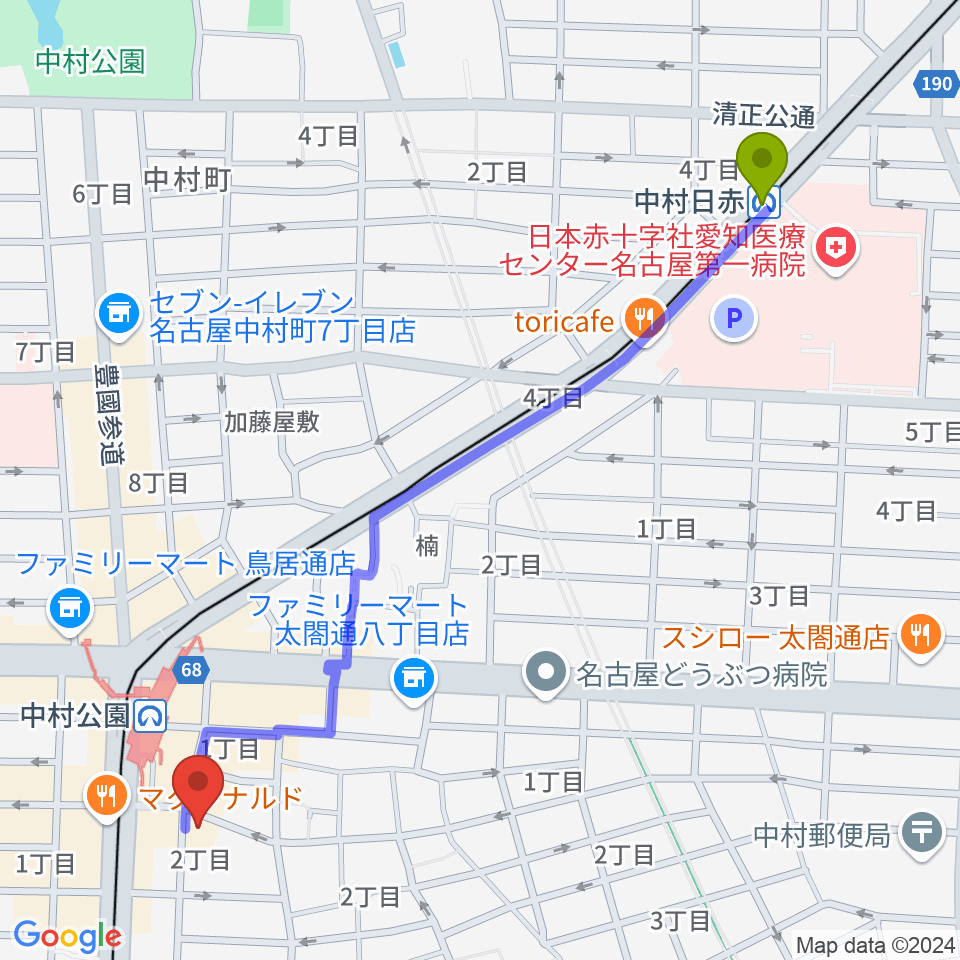 中村日赤駅から音羽屋三味線店へのルートマップ地図