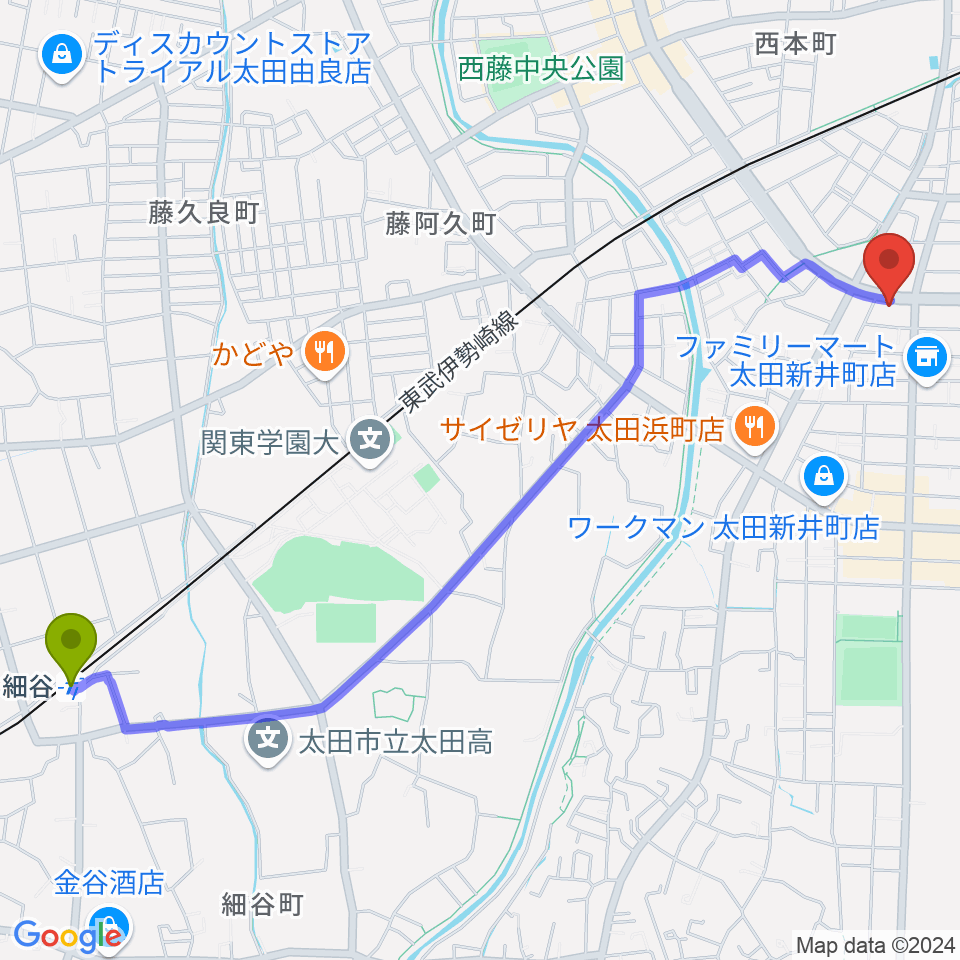 細谷駅から大津楽器店へのルートマップ地図