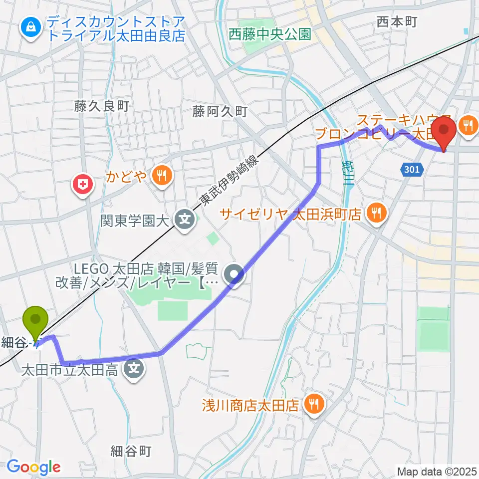 細谷駅から大津楽器店へのルートマップ地図