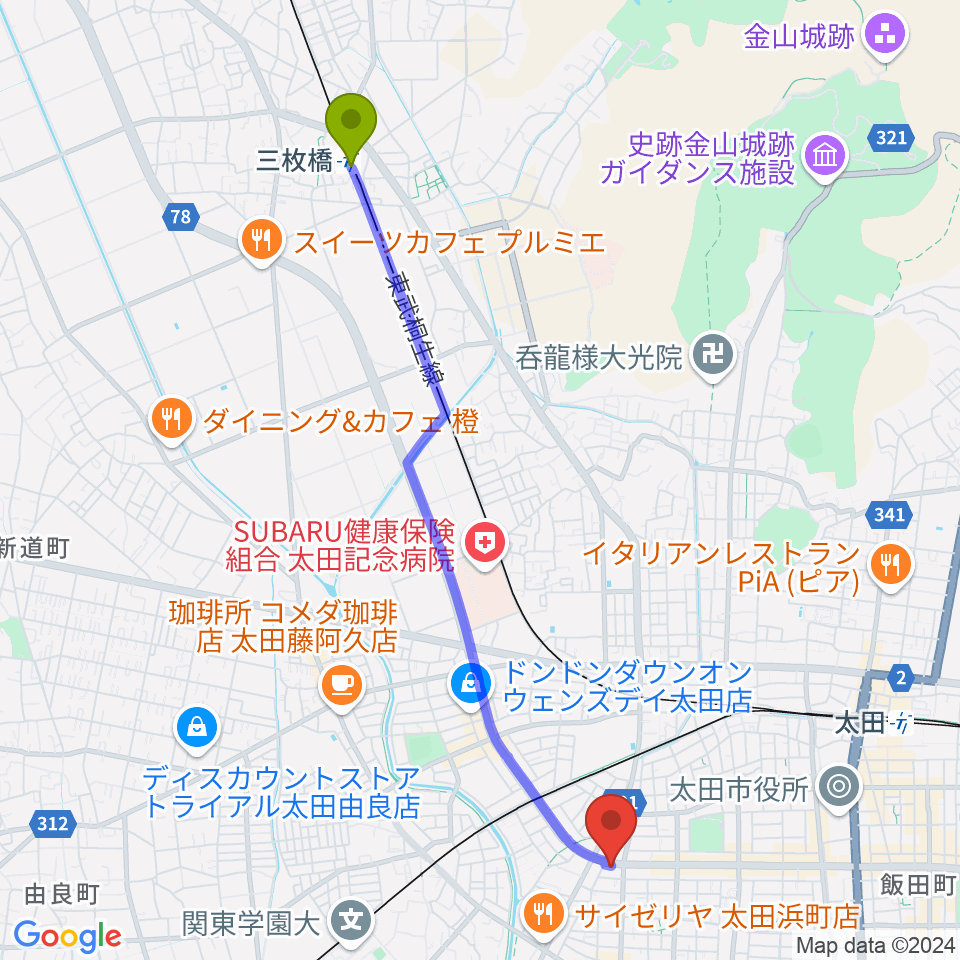 三枚橋駅から大津楽器店へのルートマップ地図