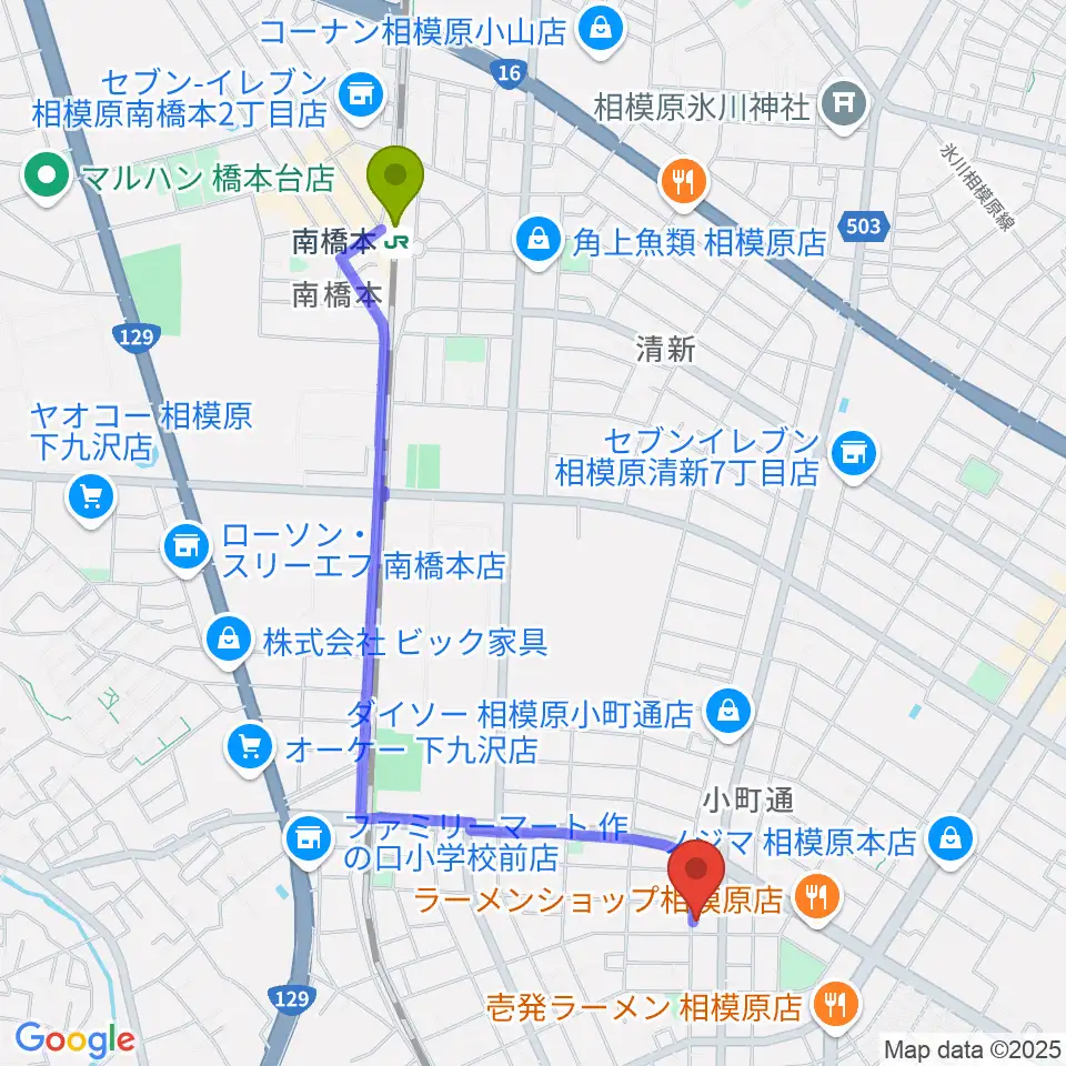PIANO PROGRESSの最寄駅南橋本駅からの徒歩ルート（約22分）地図