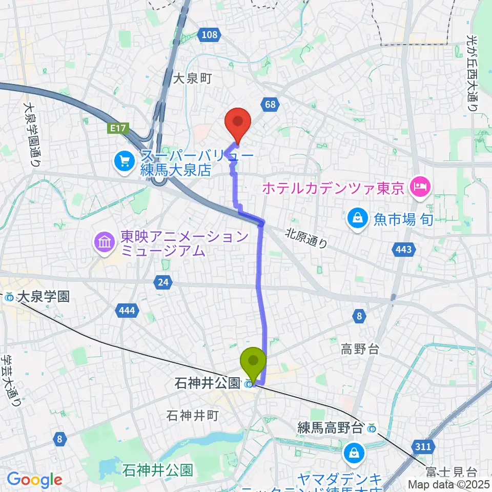 ピアノ調律センター・エムパレスの最寄駅石神井公園駅からの徒歩ルート（約30分）地図
