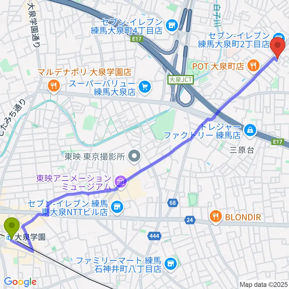 大泉学園駅からピアノ調律センター・エムパレスへのルートマップ地図