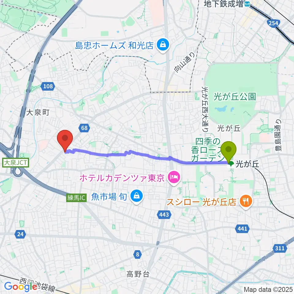 光が丘駅からピアノ調律センター・エムパレスへのルートマップ地図