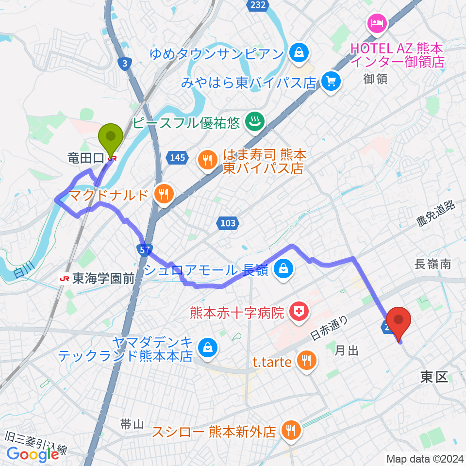 株式会社ピアノハープ社の最寄駅竜田口駅からの徒歩ルート（約47分）地図