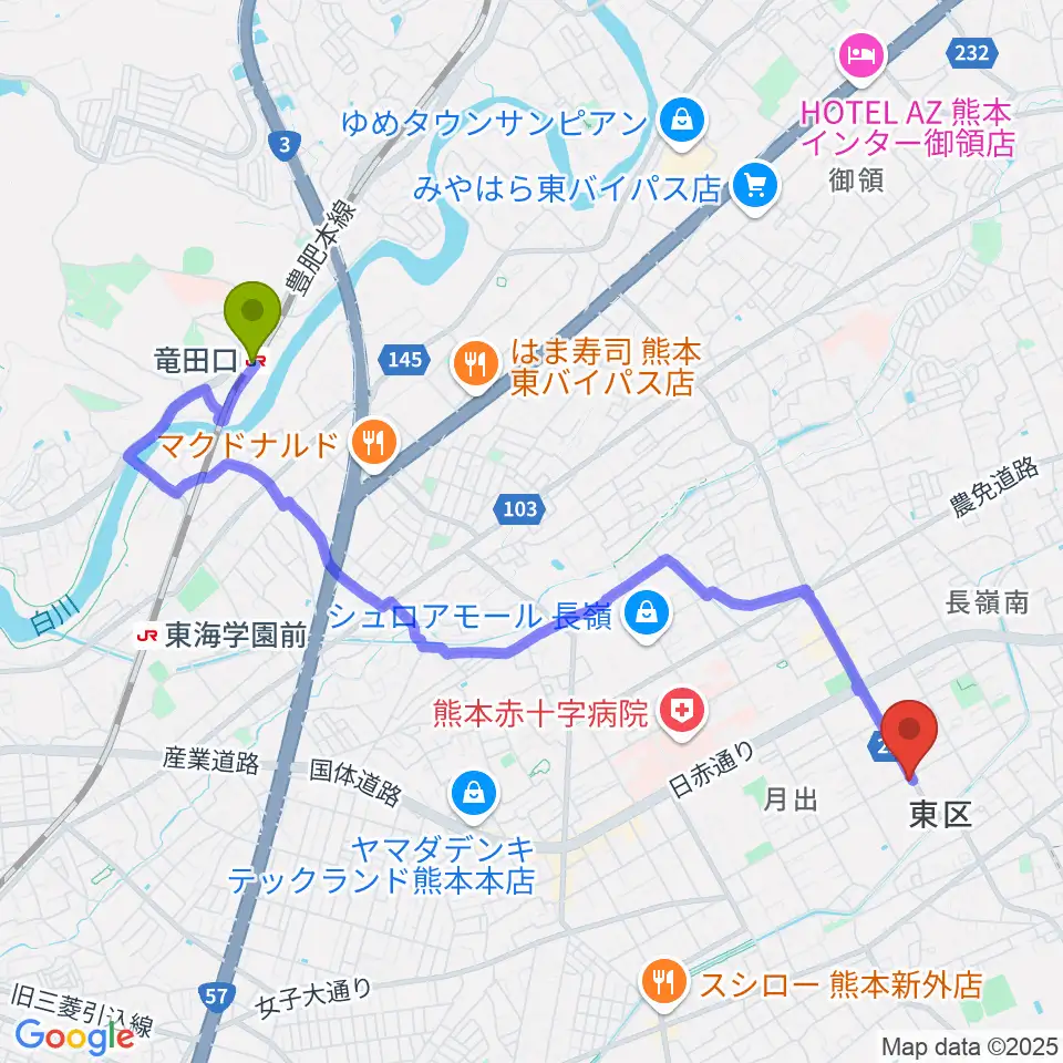 株式会社ピアノハープ社の最寄駅竜田口駅からの徒歩ルート（約47分）地図