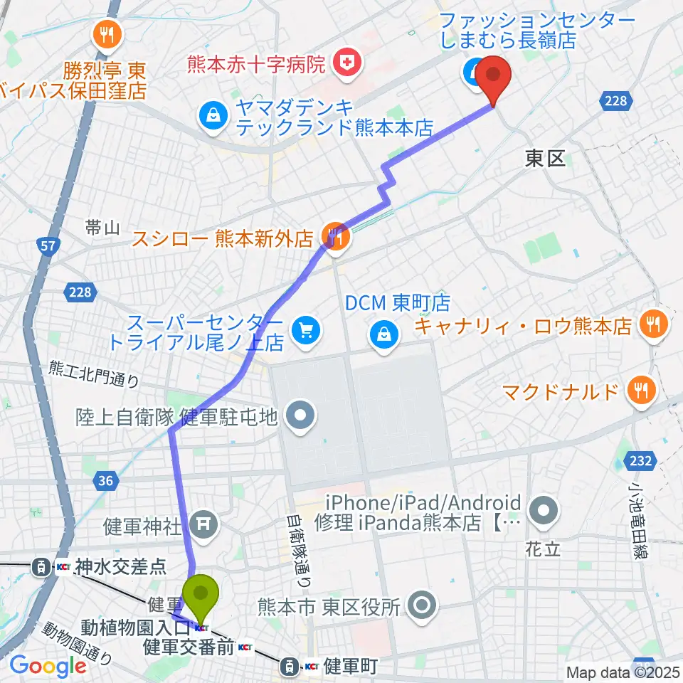 動植物園入口駅から株式会社ピアノハープ社へのルートマップ地図