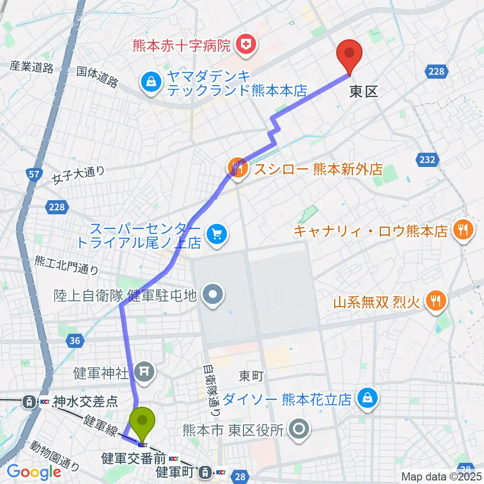 動植物園入口駅から株式会社ピアノハープ社へのルートマップ地図