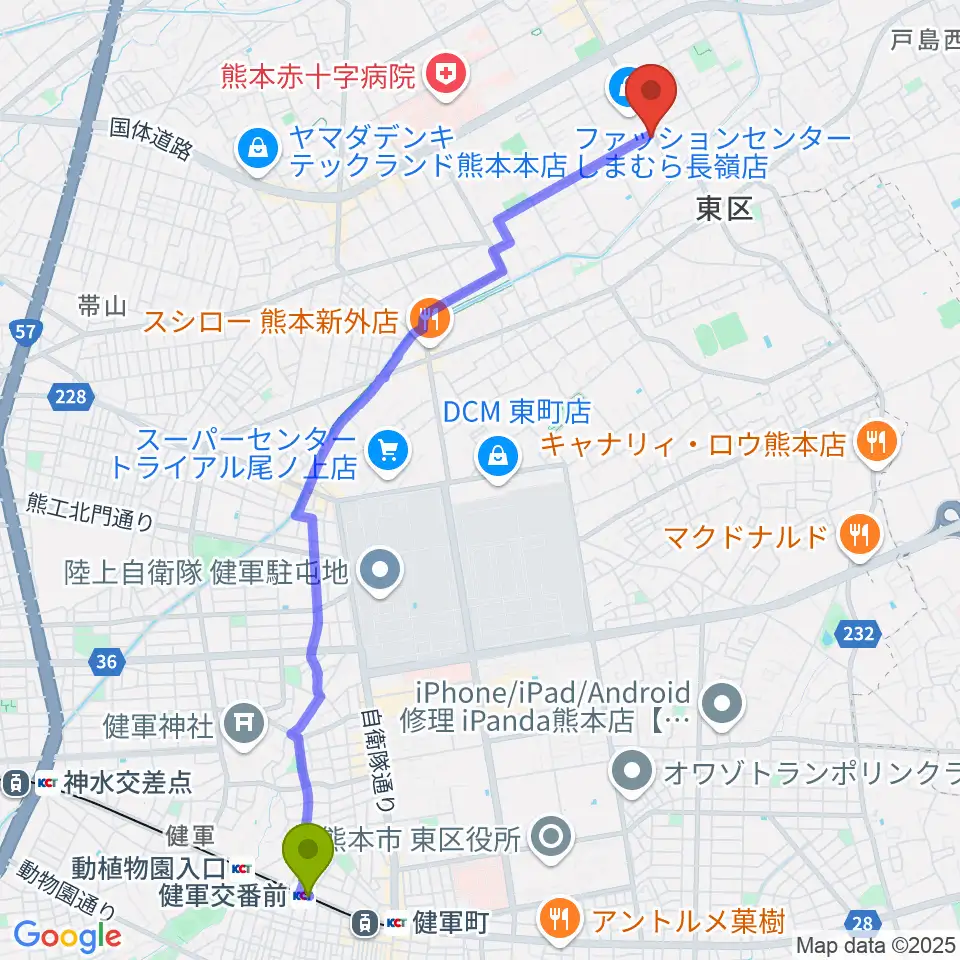 健軍交番前駅から株式会社ピアノハープ社へのルートマップ地図