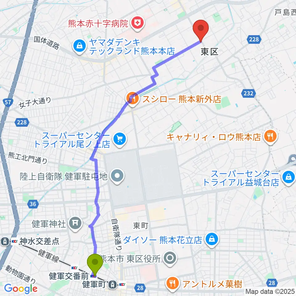 健軍交番前駅から株式会社ピアノハープ社へのルートマップ地図