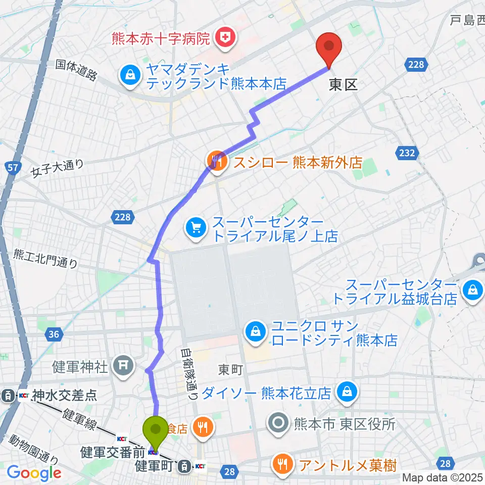 健軍交番前駅から株式会社ピアノハープ社へのルートマップ地図