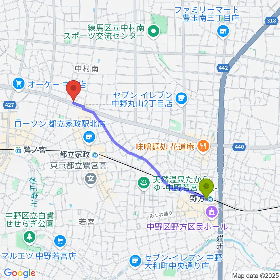 野方駅からプロフェッショナル・パーカッションへのルートマップ地図