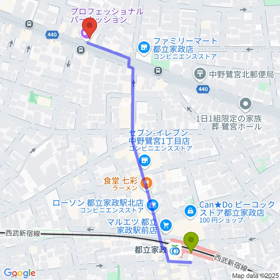 プロフェッショナル・パーカッションの最寄駅都立家政駅からの徒歩ルート（約7分）地図