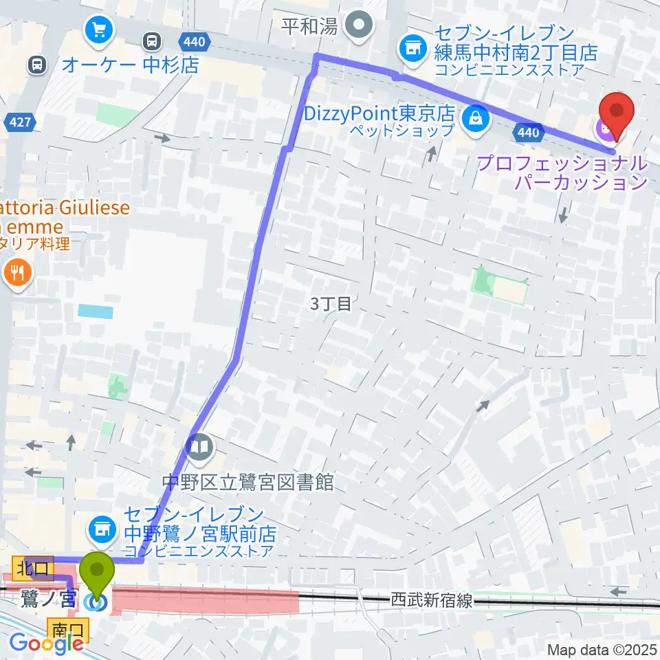 鷺ノ宮駅からプロフェッショナル・パーカッションへのルートマップ地図