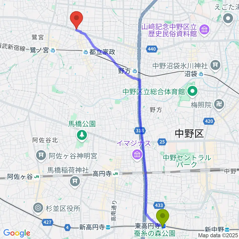 東高円寺駅からプロフェッショナル・パーカッションへのルートマップ地図