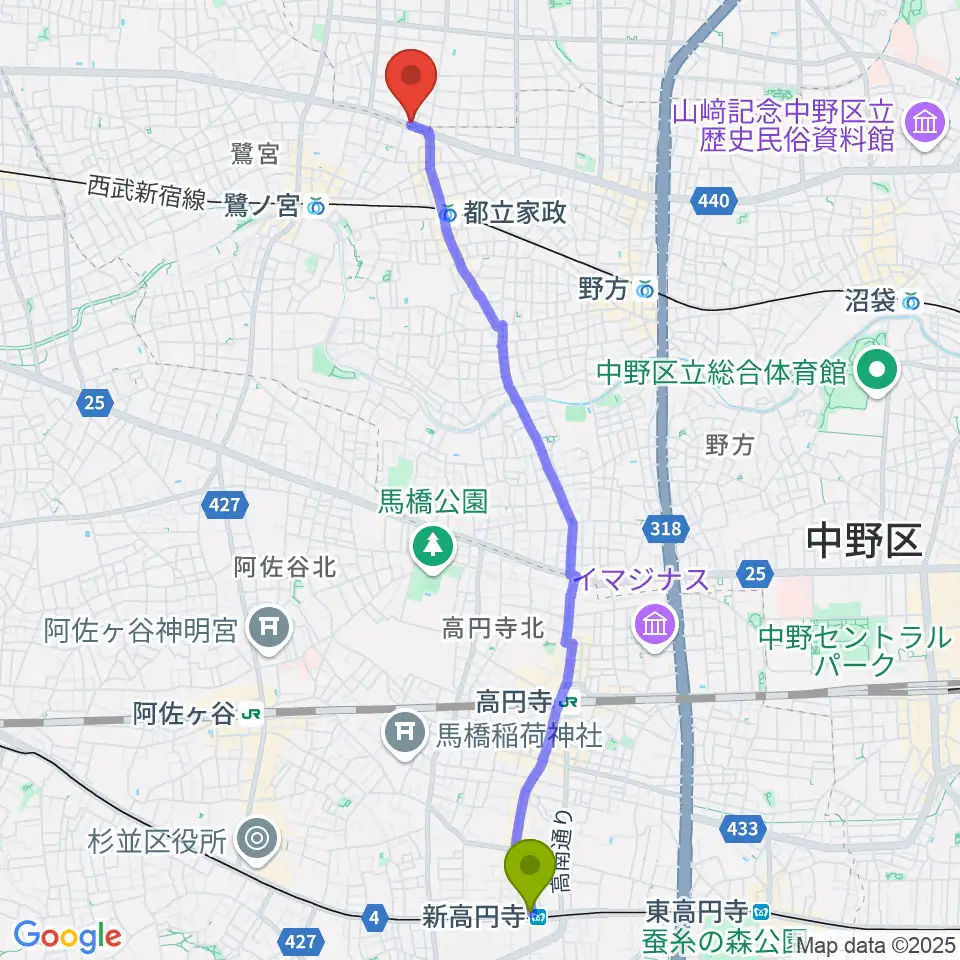 新高円寺駅からプロフェッショナル・パーカッションへのルートマップ地図