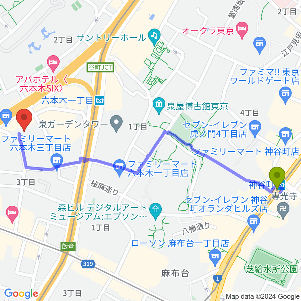 神谷町駅からバイオリンリサーチへのルートマップ地図