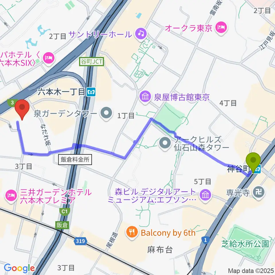 神谷町駅からバイオリンリサーチへのルートマップ地図