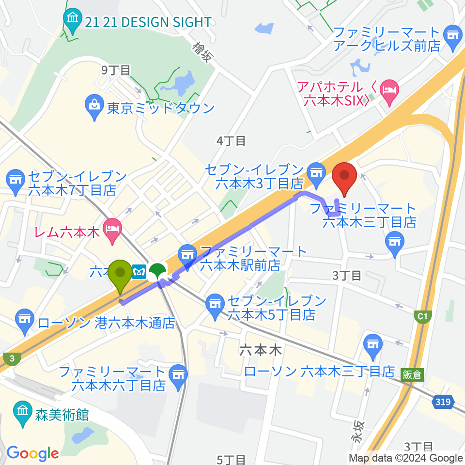 六本木駅からバイオリンリサーチへのルートマップ地図