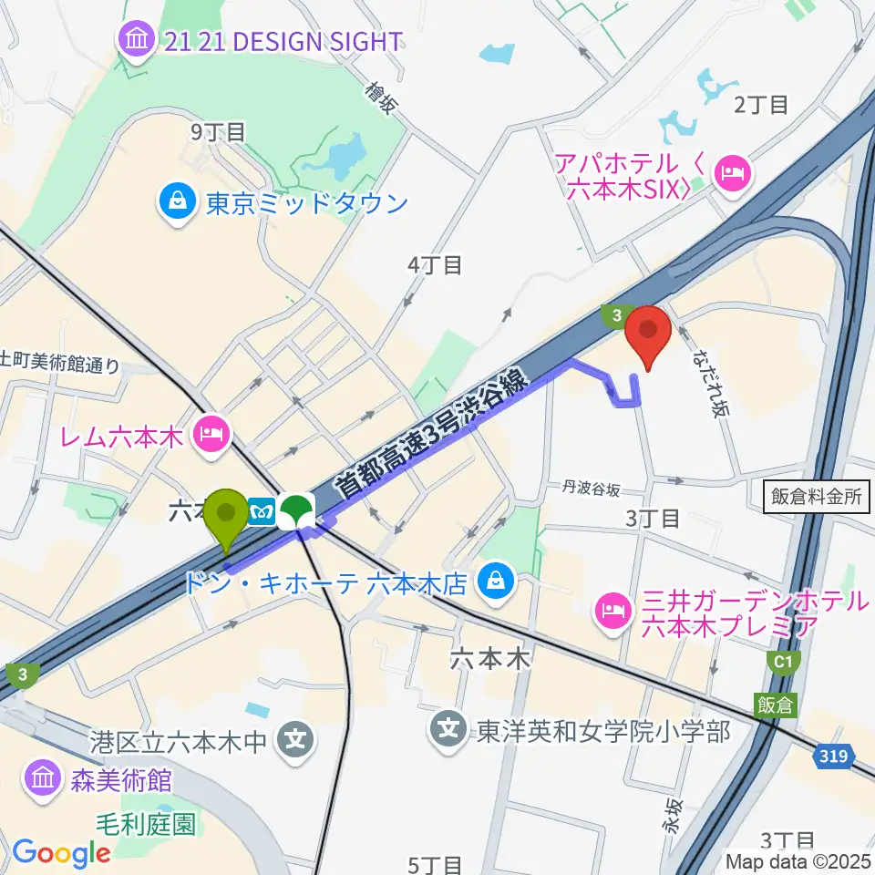 六本木駅からバイオリンリサーチへのルートマップ地図