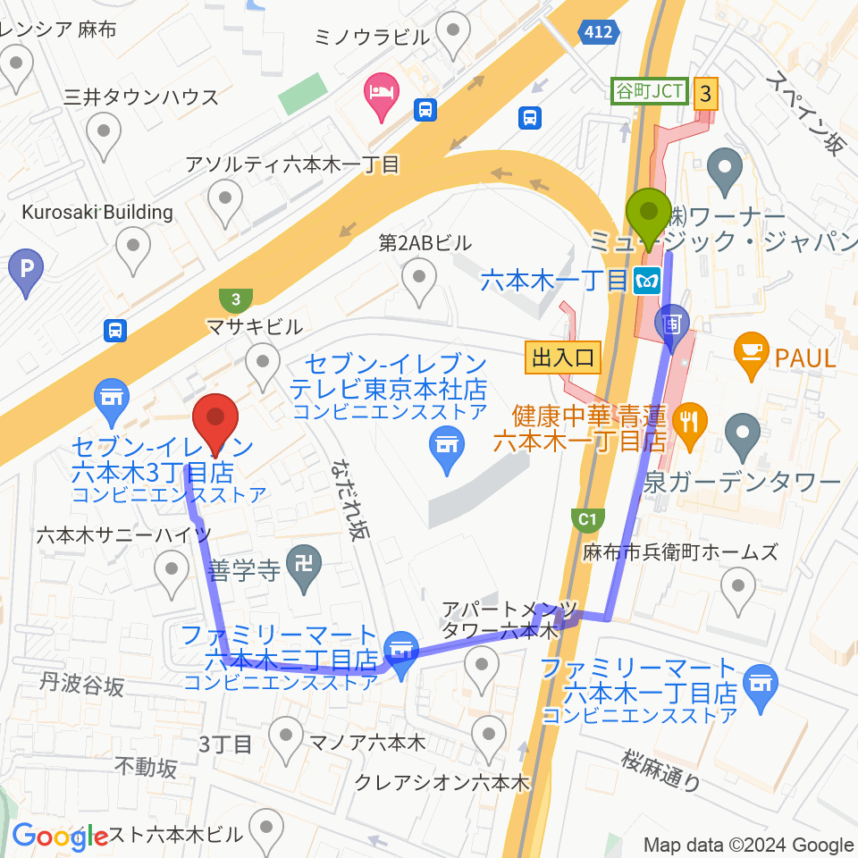 バイオリンリサーチの最寄駅六本木一丁目駅からの徒歩ルート（約4分）地図