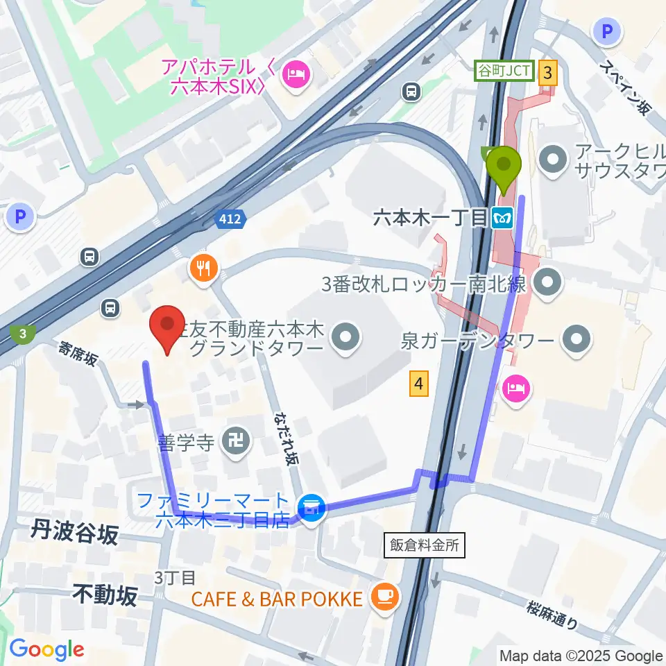 バイオリンリサーチの最寄駅六本木一丁目駅からの徒歩ルート（約4分）地図