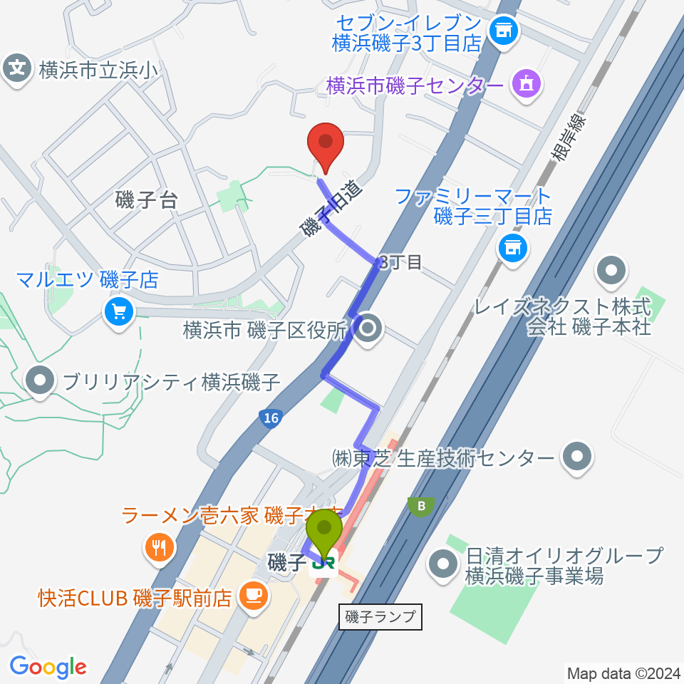 Repair Shop GROOVEの最寄駅磯子駅からの徒歩ルート（約9分）地図