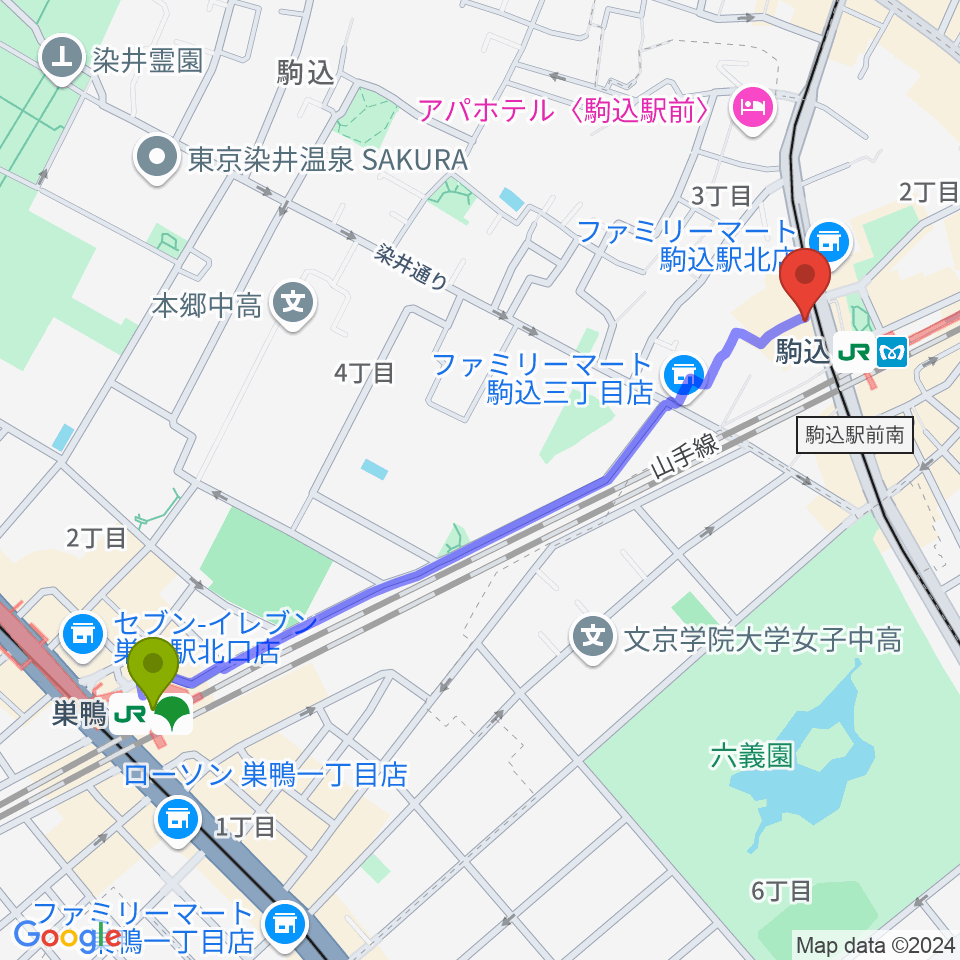 巣鴨駅からサト・テクノ・ミュージックへのルートマップ地図